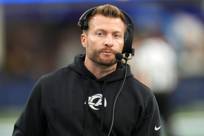 Dec 17, 2023; Inglewood, California, USA; Los Angeles Rams coach Sean McVay watches from the sidelines in the second half against the Washington Commanders at SoFi Stadium.